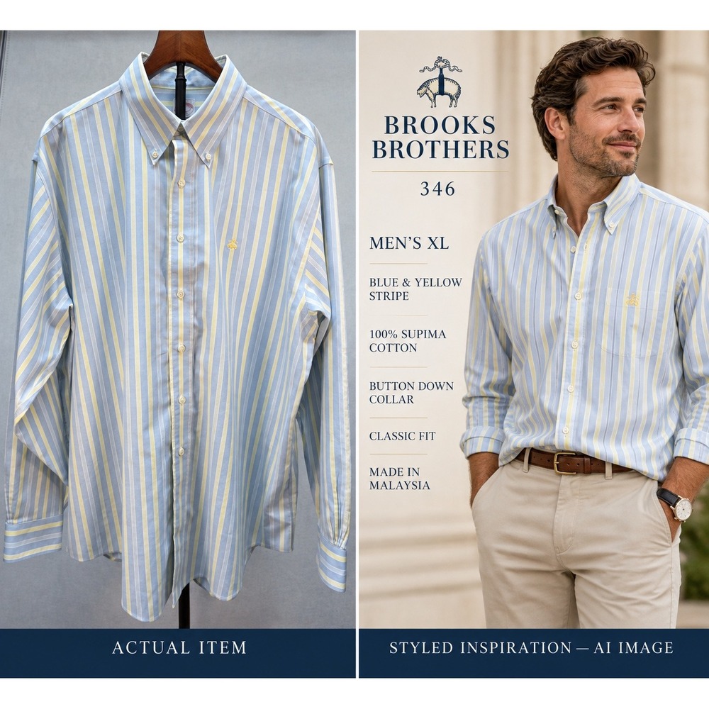 Brooks Brothers 346 Men's L/S Button Down Shirt Blue Yellow Striped XL Preppy